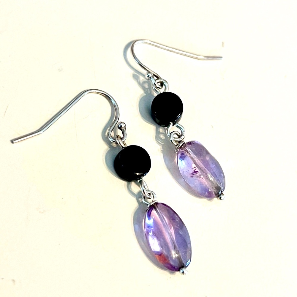 Genuine Amethyst/Onyx 925 Dangle Earrings